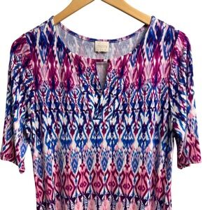 Chicos Dress Medium Blue Purple Ikat Print‎ Short Sleeve Jersey Comfy *read size